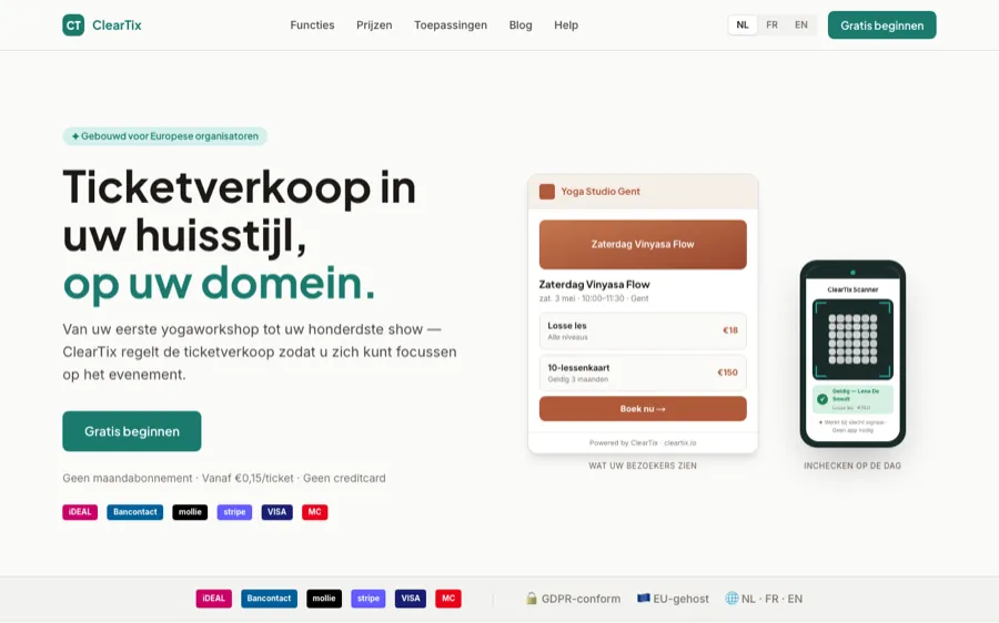 Homepage van ClearTix, een ticketverkoop-platform voor evenementen